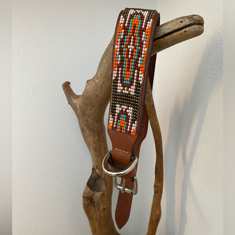 New Sambboho Beaded leather dog collar 16 - 18 inches copper orange turquoise